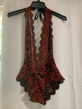 Red & Black Lace Halter Plunge Bodysuit Lingerie